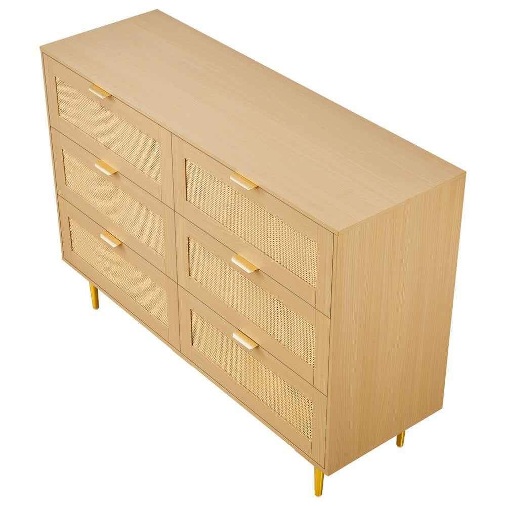 VEVOR 6 Drawer Rattan Dresser, Double Dresser for Bedroom, Natural Rattan Chest of Drawers with Metal Handles & Legs, Modern Wood Chest Clothing Organizer & Storage for Bedroom, Living Room, Hallway