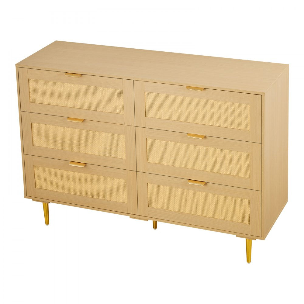 VEVOR 6 Drawer Rattan Dresser, Double Dresser for Bedroom, Natural Rattan Chest of Drawers with Metal Handles & Legs, Modern Wood Chest Clothing Organizer & Storage for Bedroom, Living Room, Hallway