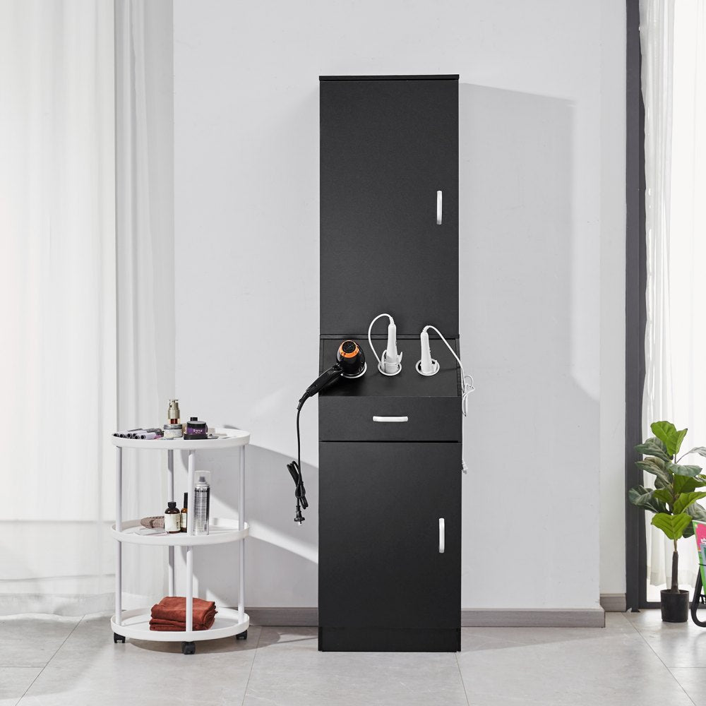 VEVOR Salon Organizer, Station Unit for Hair Professionals, Equipped with 3 Holders for Hair Dryers, Storage Spaces, and a Single Drawer, in Black