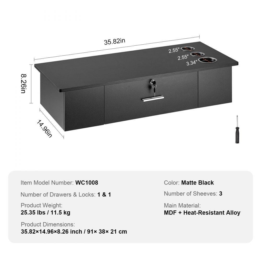 VEVOR Wall-Mounted Salon Workstation, Equipped with 3 Holders for Hair Dryers, Secure Drawer with Lock, Ideal for SPA, Hairdressing Salons, Home & Bathroom Use, in Sleek Black