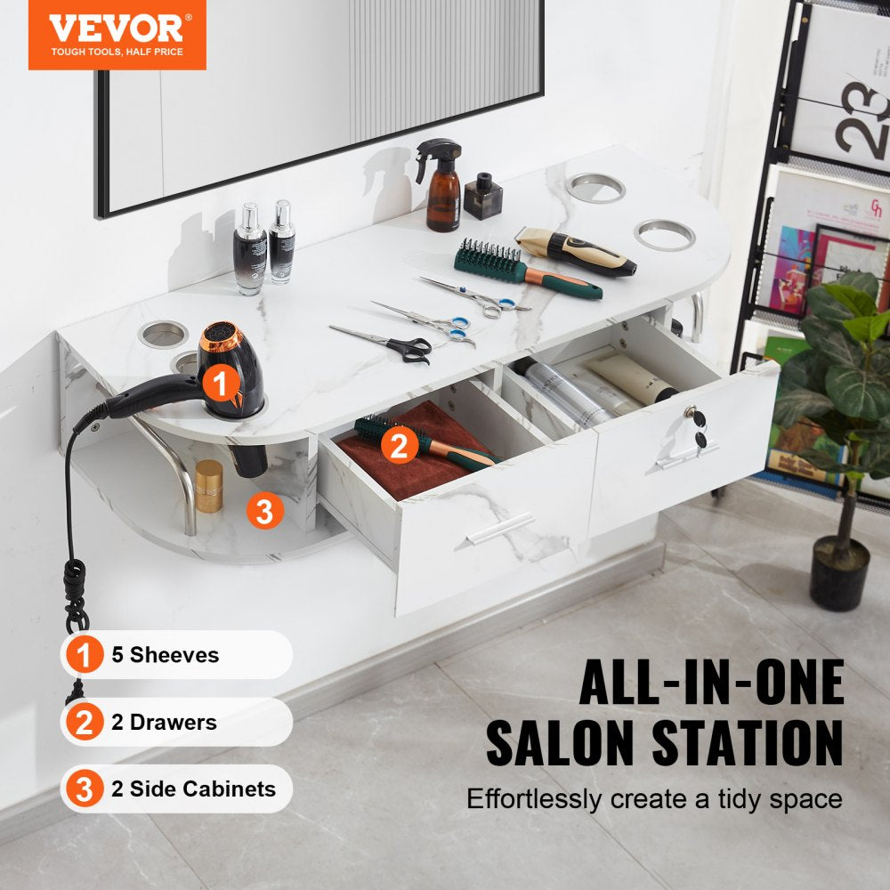 VEVOR Wall-Mounted Salon Station, Equipped with 5 Holders for Hair Dryers, Includes 2 Drawers (One with Lock), Ideal for SPA, Barber Shops, Home & Bathroom Use, in Elegant Marble White