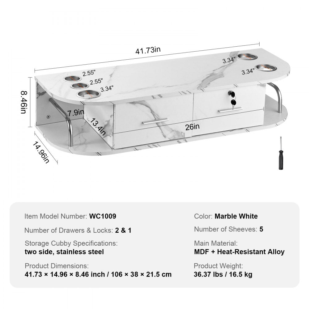 VEVOR Wall-Mounted Salon Station, Equipped with 5 Holders for Hair Dryers, Includes 2 Drawers (One with Lock), Ideal for SPA, Barber Shops, Home & Bathroom Use, in Elegant Marble White
