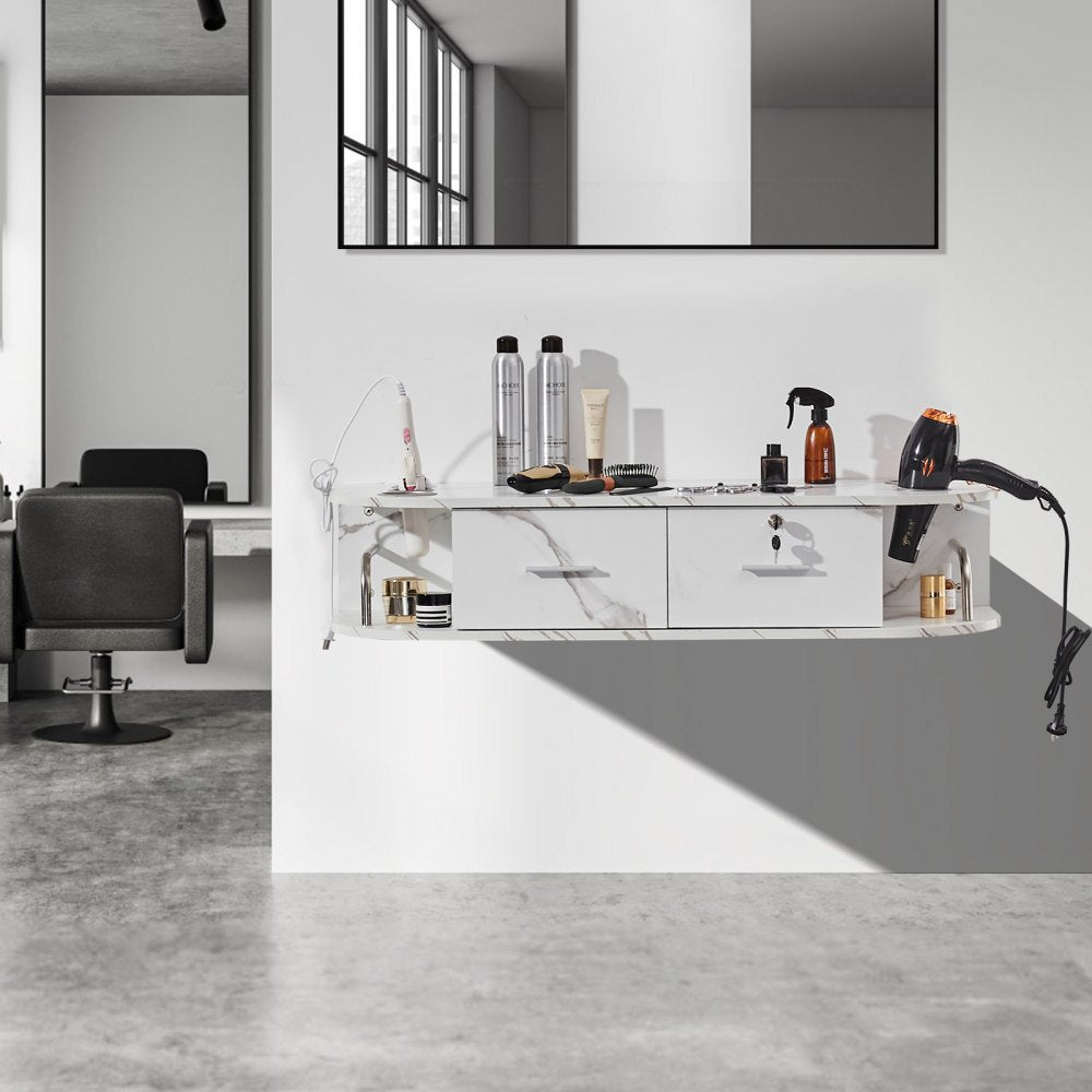 VEVOR Wall-Mounted Salon Station, Equipped with 5 Holders for Hair Dryers, Includes 2 Drawers (One with Lock), Ideal for SPA, Barber Shops, Home & Bathroom Use, in Elegant Marble White