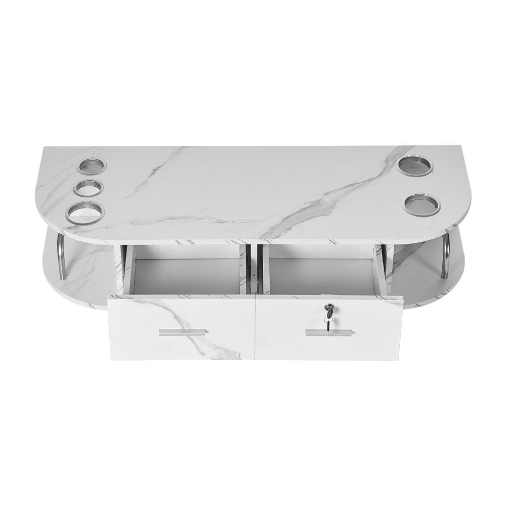 VEVOR Wall-Mounted Salon Station, Equipped with 5 Holders for Hair Dryers, Includes 2 Drawers (One with Lock), Ideal for SPA, Barber Shops, Home & Bathroom Use, in Elegant Marble White