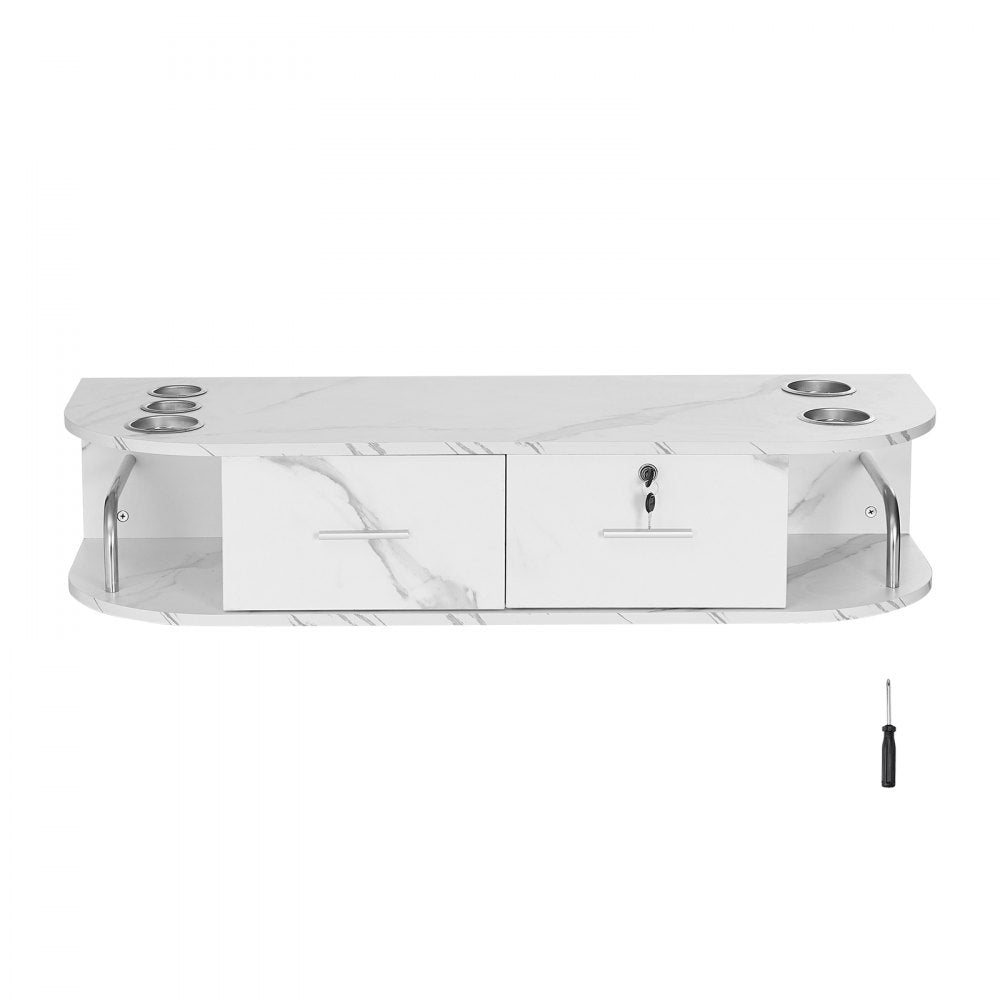 VEVOR Wall-Mounted Salon Station, Equipped with 5 Holders for Hair Dryers, Includes 2 Drawers (One with Lock), Ideal for SPA, Barber Shops, Home & Bathroom Use, in Elegant Marble White