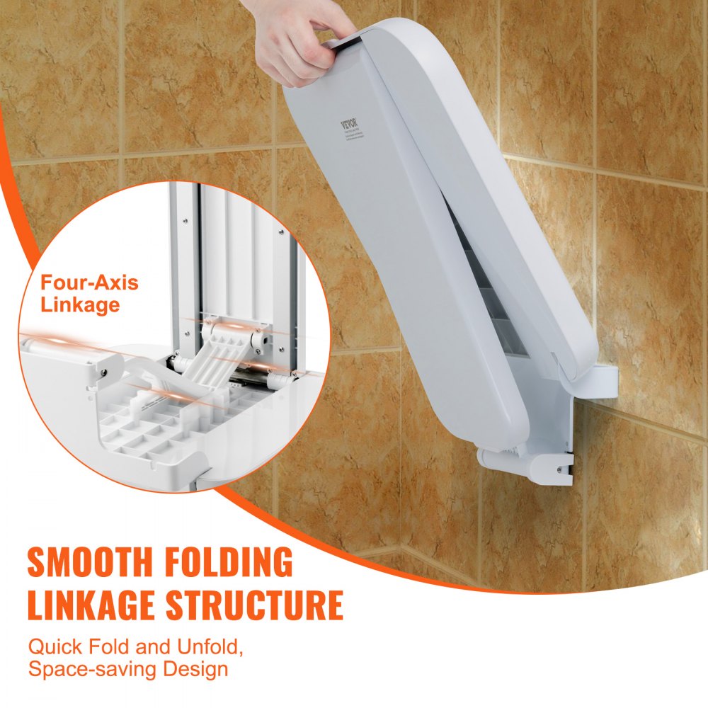VEVOR Folding ABS Shower Seat, 15.7'' x 16.7'' Unfolded, Wall Mounted Fold Up Shower Bench with 440 lbs Load Capacity, Space Saving Fold Down Shower Chair for Seniors Pregnant Women Children Adults