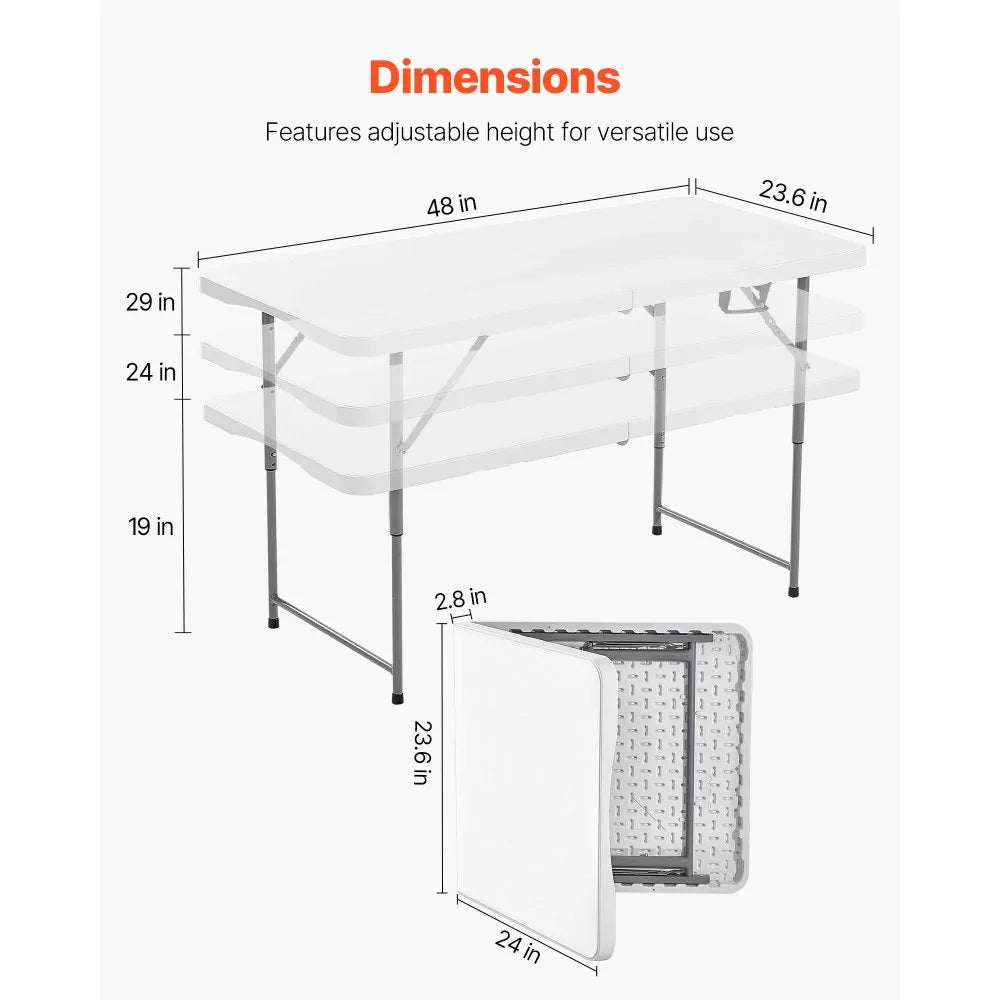 VEVOR Folding Table, 4 Ft Heavy Duty Portable Fold-in-Half Utility Table, Indoor Outdoor Plastic Rectangle Table with Adjustable Height and Built in Handle, for Party, Dining, Picnic, Camping, White