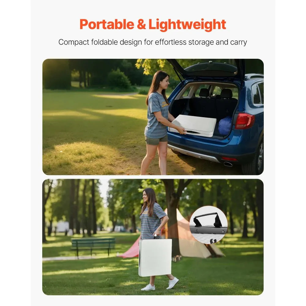 VEVOR Folding Table, 4 Ft Heavy Duty Portable Fold-in-Half Utility Table, Indoor Outdoor Plastic Rectangle Table with Adjustable Height and Built in Handle, for Party, Dining, Picnic, Camping, White