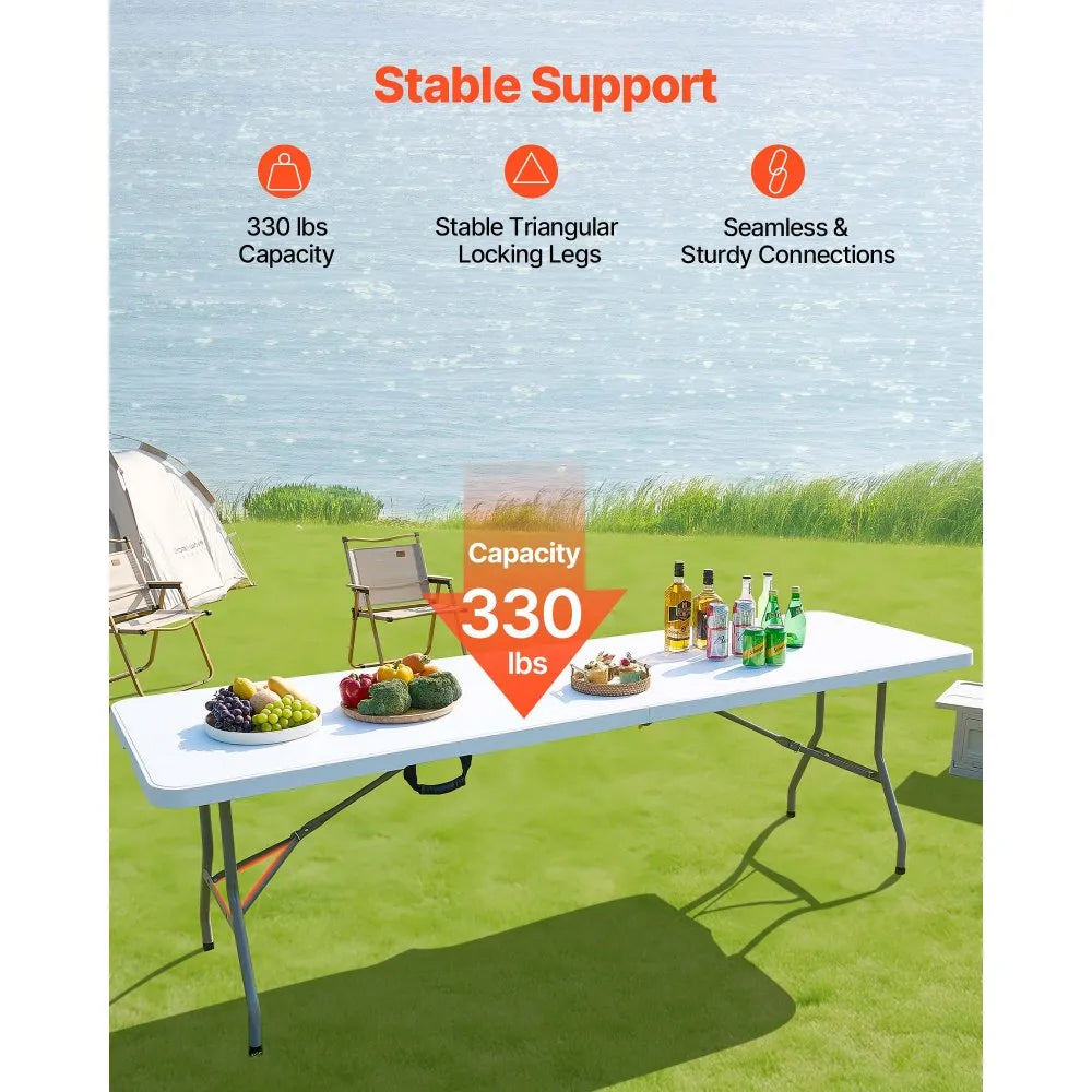 VEVOR Folding Table, 8 Ft Heavy Duty Portable Fold-in-Half Utility Table, Indoor Outdoor Plastic Rectangle Table with Built in Handle, for Party, Dining, Wedding, Events, Picnic, Camping, White