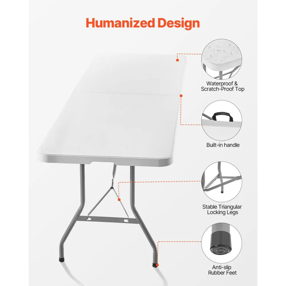VEVOR Folding Table, 8 Ft Heavy Duty Portable Fold-in-Half Utility Table, Indoor Outdoor Plastic Rectangle Table with Built in Handle, for Party, Dining, Wedding, Events, Picnic, Camping, White