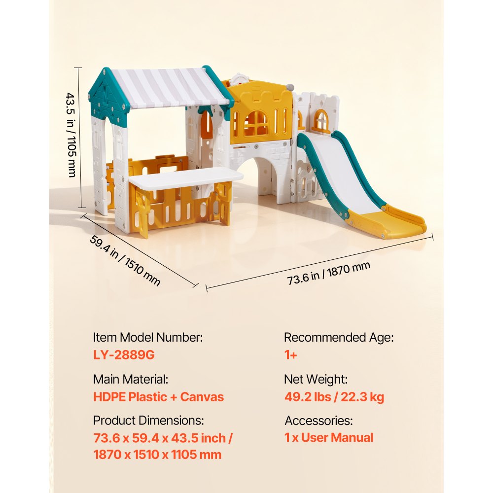 VEVOR Outdoor Playhouse Versatile Toddler Playground Open Play Structure, for Aged 1+, with Slide, Basketball, Telescope, Steering Wheel, Crawling Tunnel, Sales Window, Toddler Playset, HDPE Plastic