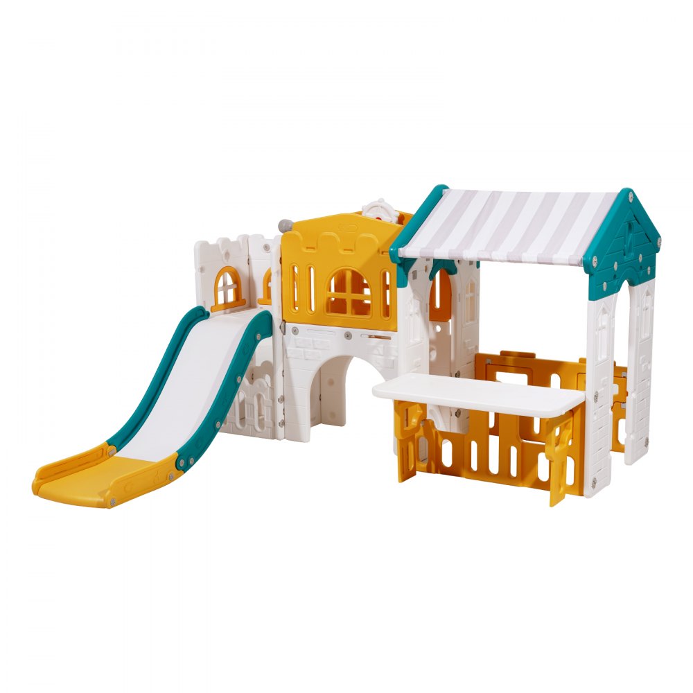 VEVOR Outdoor Playhouse Versatile Toddler Playground Open Play Structure, for Aged 1+, with Slide, Basketball, Telescope, Steering Wheel, Crawling Tunnel, Sales Window, Toddler Playset, HDPE Plastic