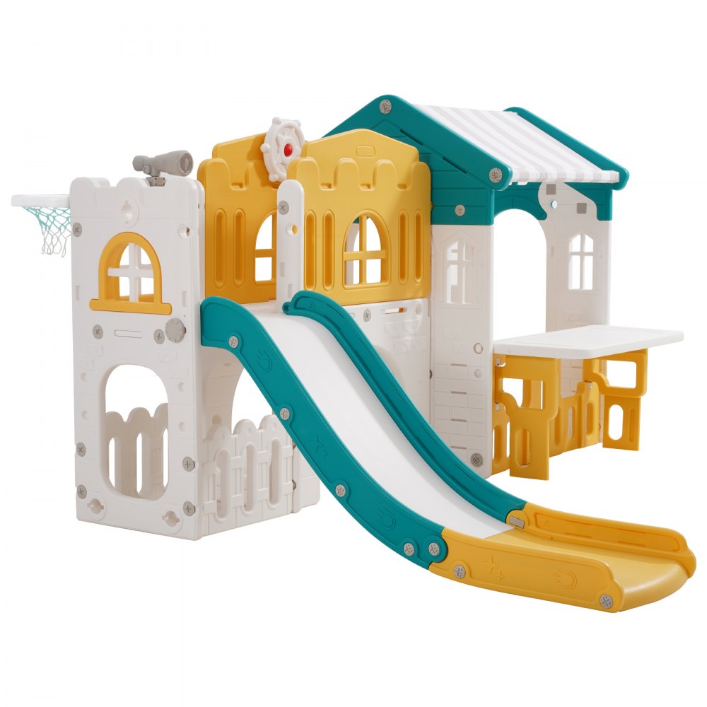 VEVOR Outdoor Playhouse Versatile Toddler Playground Open Play Structure, for Aged 1+, with Slide, Basketball, Telescope, Steering Wheel, Crawling Tunnel, Sales Window, Toddler Playset, HDPE Plastic