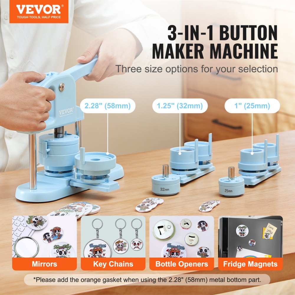 VEVOR 3-IN-1 Button Maker, 1/1.25/2.28 inch(25/32/58mm) Pin Maker, 300pcs Button Parts, Button Maker Machine with Panda Magic Book, Ergonomic Arc Handle Punch Press Kit, For Children DIY Gifts, Blue