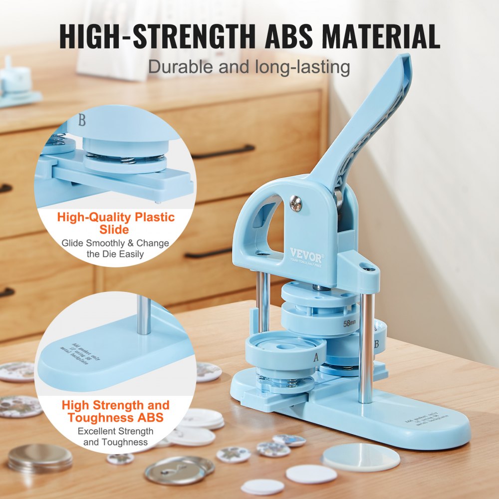 VEVOR 3-IN-1 Button Maker, 1/1.25/2.28 inch(25/32/58mm) Pin Maker, 300pcs Button Parts, Button Maker Machine with Panda Magic Book, Ergonomic Arc Handle Punch Press Kit, For Children DIY Gifts, Blue