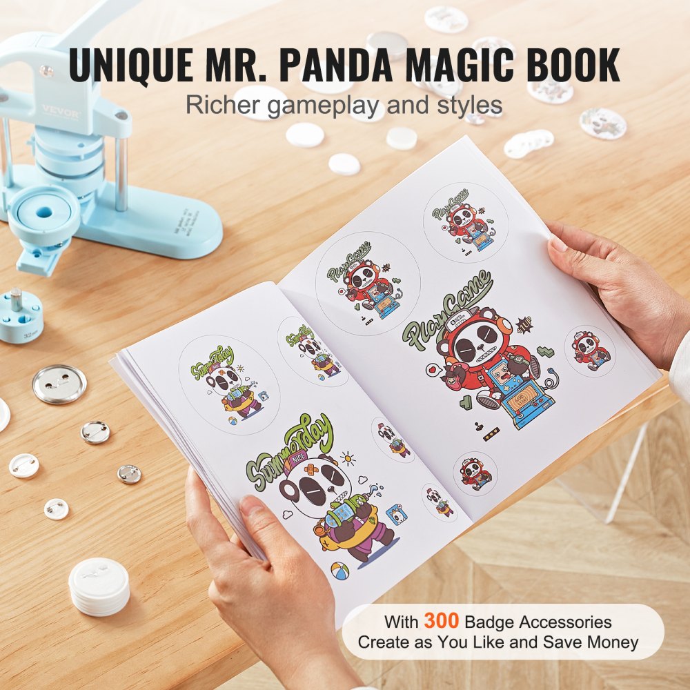 VEVOR 3-IN-1 Button Maker, 1/1.25/2.28 inch(25/32/58mm) Pin Maker, 300pcs Button Parts, Button Maker Machine with Panda Magic Book, Ergonomic Arc Handle Punch Press Kit, For Children DIY Gifts, Blue