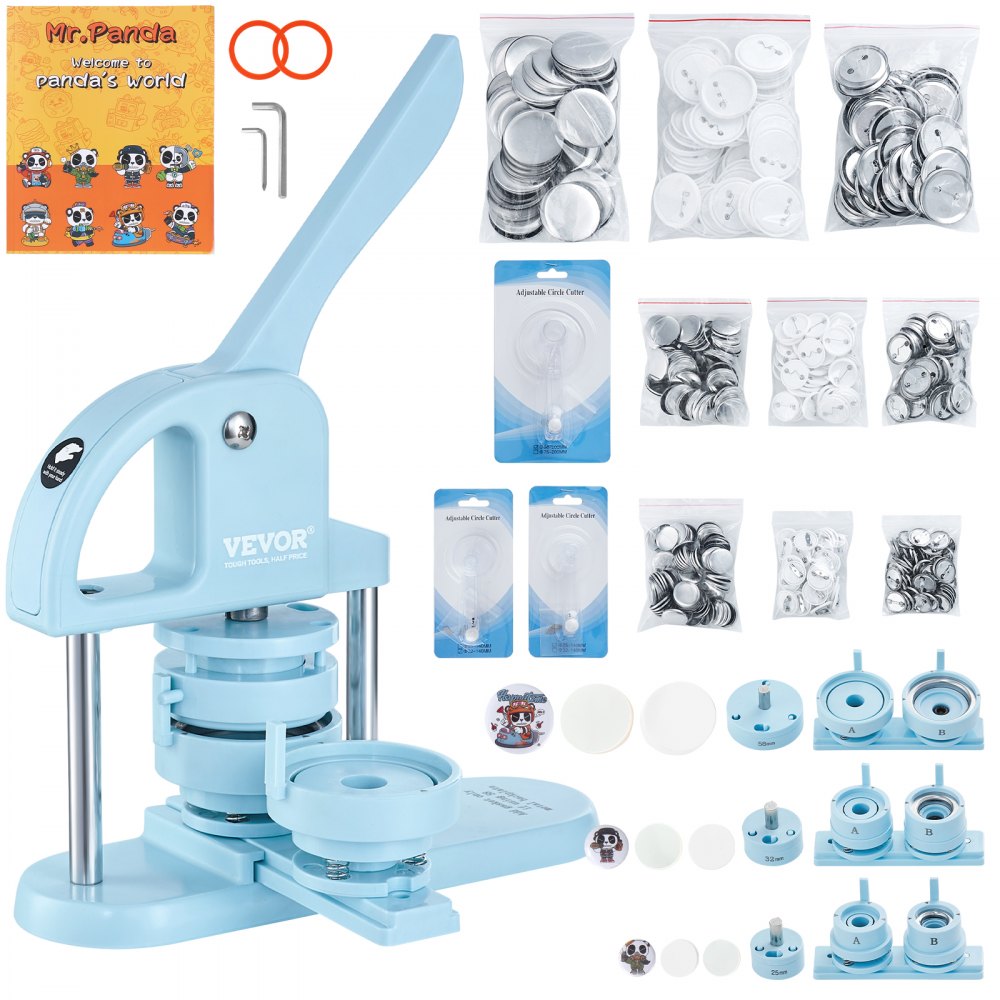 VEVOR 3-IN-1 Button Maker, 1/1.25/2.28 inch(25/32/58mm) Pin Maker, 300pcs Button Parts, Button Maker Machine with Panda Magic Book, Ergonomic Arc Handle Punch Press Kit, For Children DIY Gifts, Blue