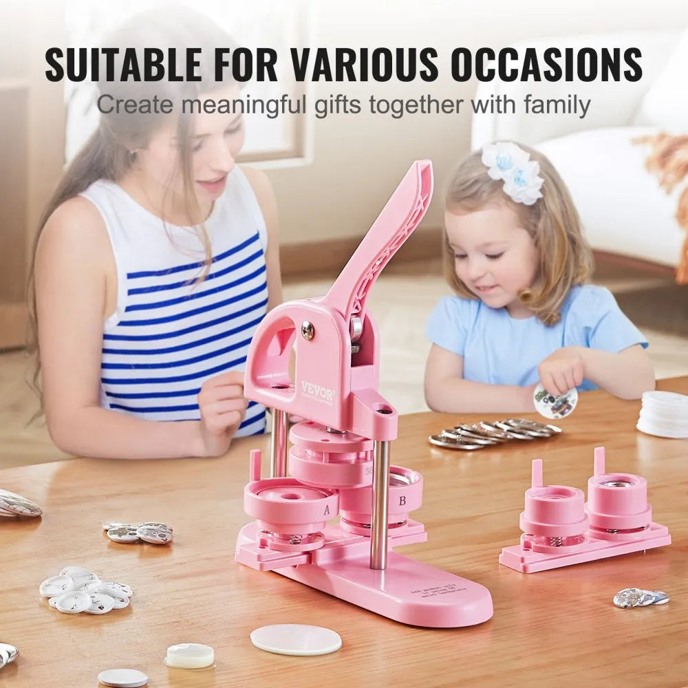 VEVOR 3-IN-1 Button Maker, 1/1.25/2.28 inch(25/32/58mm) Pin Maker, 300pcs Button Parts,Button Maker Machine with Panda Magic Book,  Ergonomic Arc Handle Punch Press Kit, For Children DIY Gifts, Pink