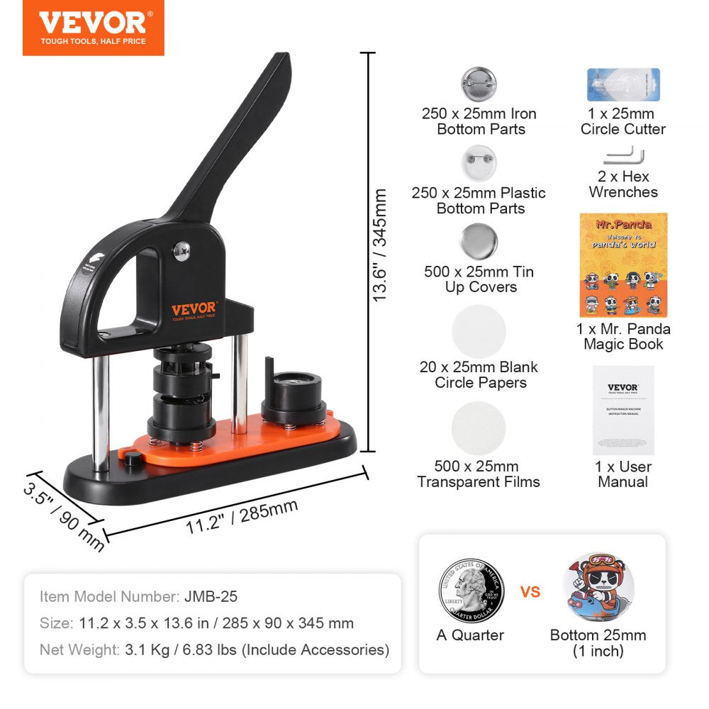 VEVOR Button Maker Machine, 0.98 inch/25mm Pin Maker with 500pcs Button Parts, Button Maker with Panda Magic Book, Ergonomic Arc Handle Punch Press Kit, For Children DIY Gifts and Christmas