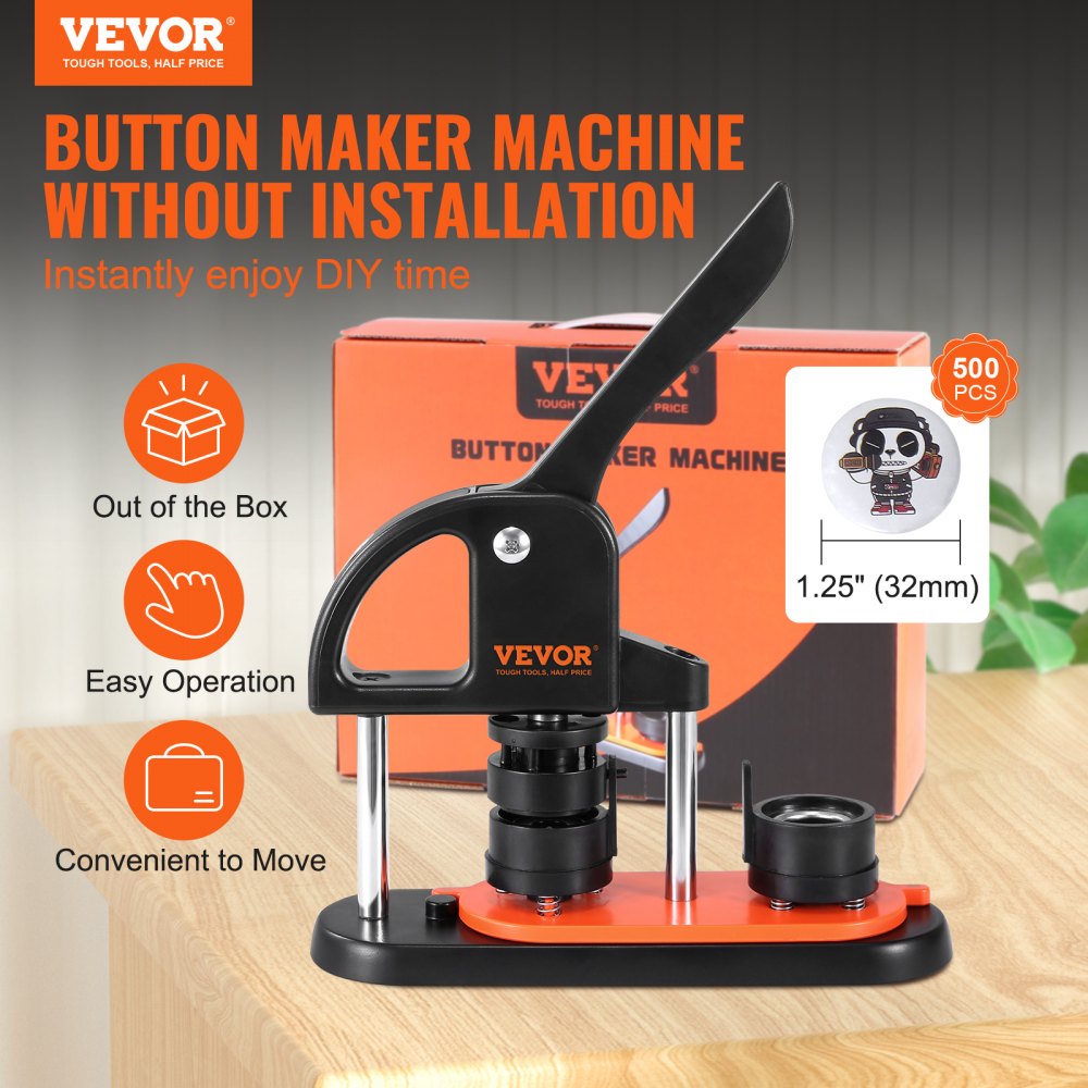 VEVOR Button Maker, 1.25 inch/32mm Pin Maker with 500pcs Button Parts, Ergonomic Arc Handle Punch Press Kit, Button Maker Machine with Panda Magic Book, For Children DIY Gifts and Christmas