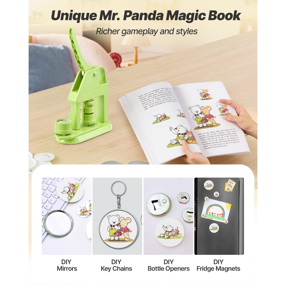 VEVOR Button Maker Machine, 1.26 in, Plastic Pin Maker with 500pcs Button Parts, Mr. Panda Magic Book, Circle Cutter and Hex Wrenches, Reinforced Ergonomic Handle, for DIY Badges, Personalized Pins