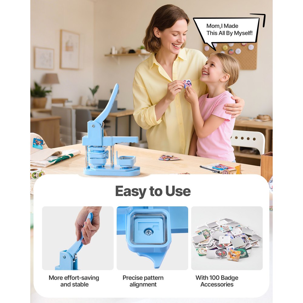 VEVOR Button Maker Machine, 1.97 x 1.97 in Square, Plastic Pin Maker with Tinplate Front Shells, Plastic Back Covers, Magnetic Backings and Transparent Films, Ergonomic Handle, for DIY Badges, Blue