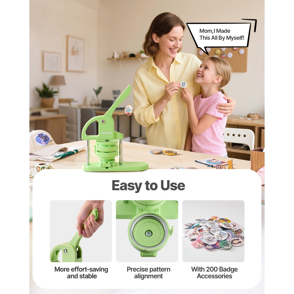 VEVOR Button Maker Machine, 2.28/2.95 inch 2-in-1, Plastic Pin Maker with 200 pcs Button Parts, Circle Cutter and Magic Book, Reinforced Ergonomic Handle, for DIY Badges, Personalized Pins, Green