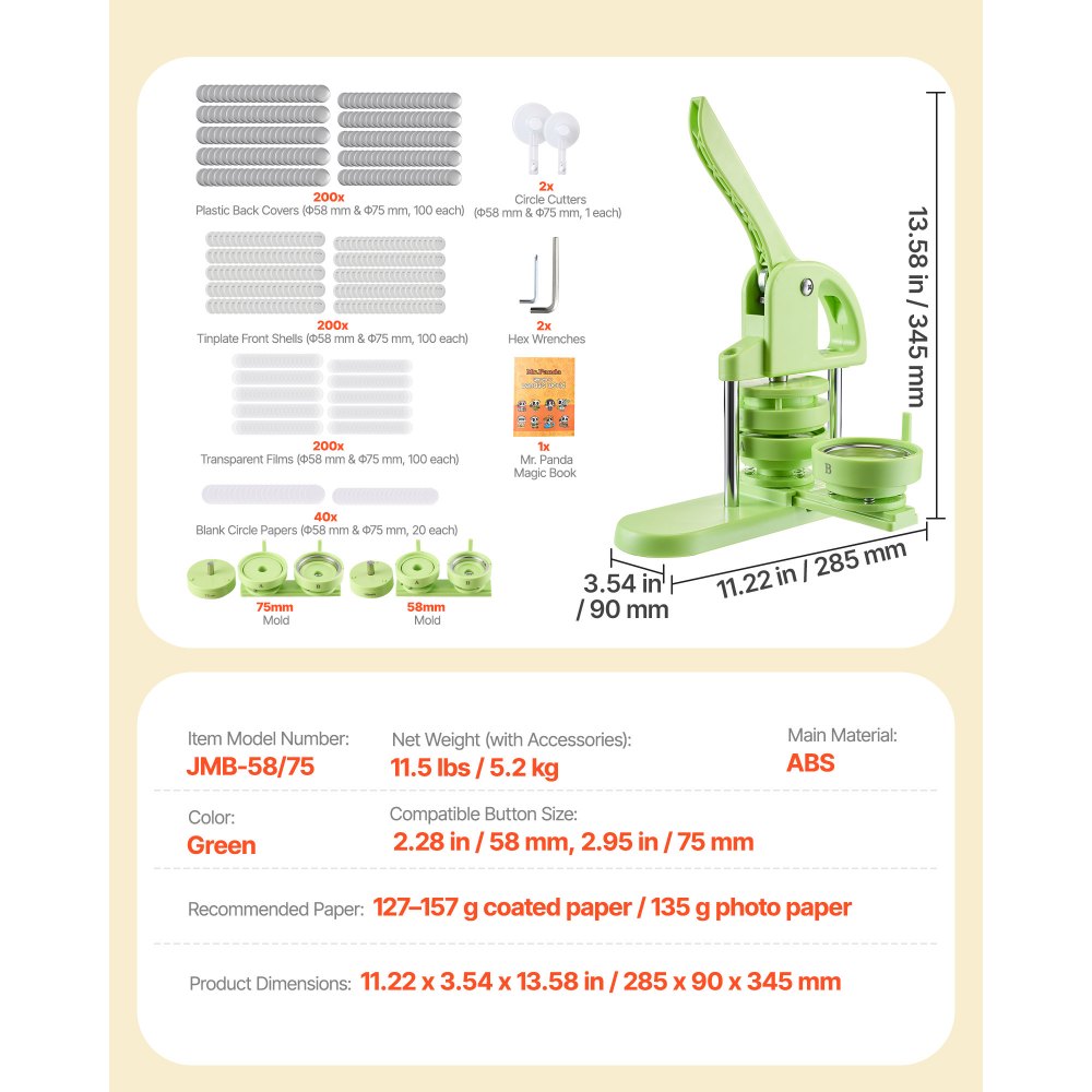 VEVOR Button Maker Machine, 2.28/2.95 inch 2-in-1, Plastic Pin Maker with 200 pcs Button Parts, Circle Cutter and Magic Book, Reinforced Ergonomic Handle, for DIY Badges, Personalized Pins, Green