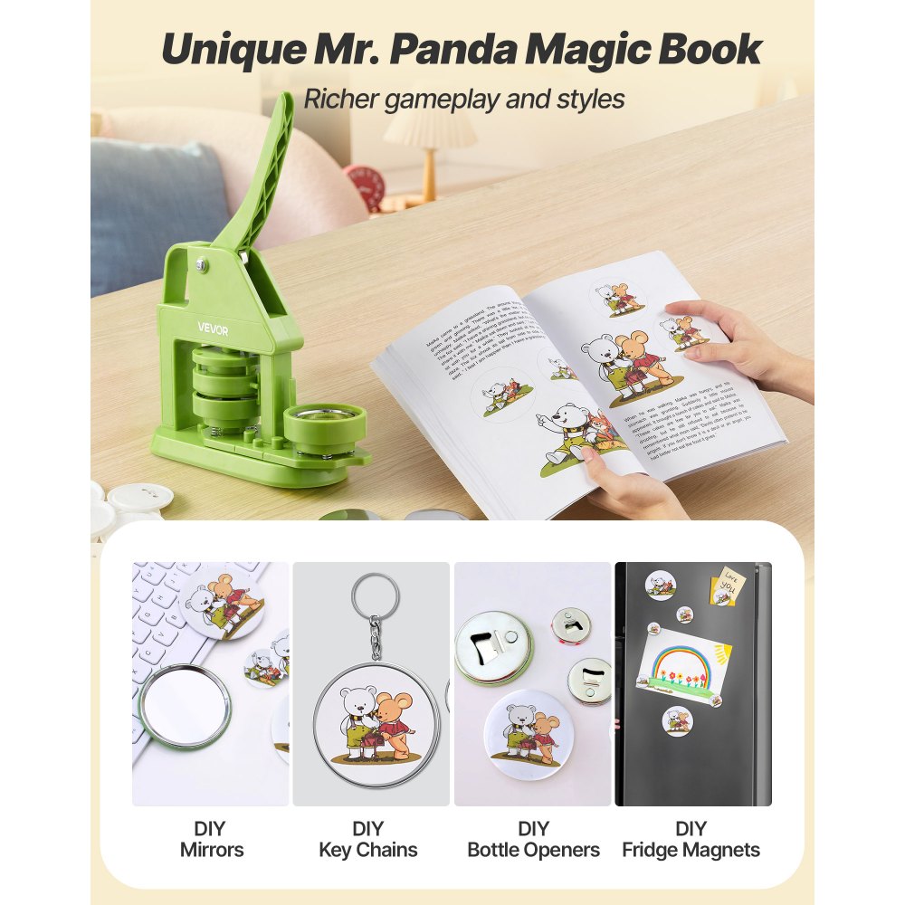 VEVOR Button Maker Machine, 2.28 in, Plastic Pin Maker with 100pcs Button Parts, Mr. Panda Magic Book, Circle Cutter and Hex Wrenches, Reinforced Ergonomic Handle, for DIY Badges, Personalized Pins