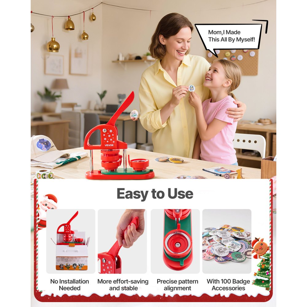 VEVOR Button Maker Machine, 2.28 in, Plastic Pin Maker with 100pcs Button Parts, Circle Cutter and Hex Wrenches, Reinforced Ergonomic Handle, for DIY Badges, Personalized Pins and Key Chains, Red