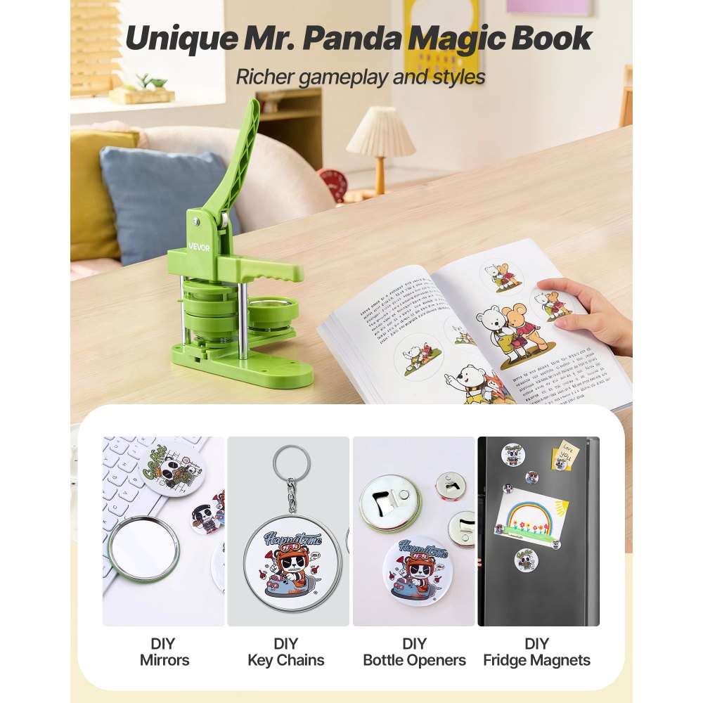 VEVOR Button Maker Machine, 2.95 in, Plastic Pin Maker with 100pcs Button Parts, Mr. Panda Magic Book, Circle Cutter and Hex Wrenches, Reinforced Ergonomic Handle, for DIY Badges, Personalized Pins