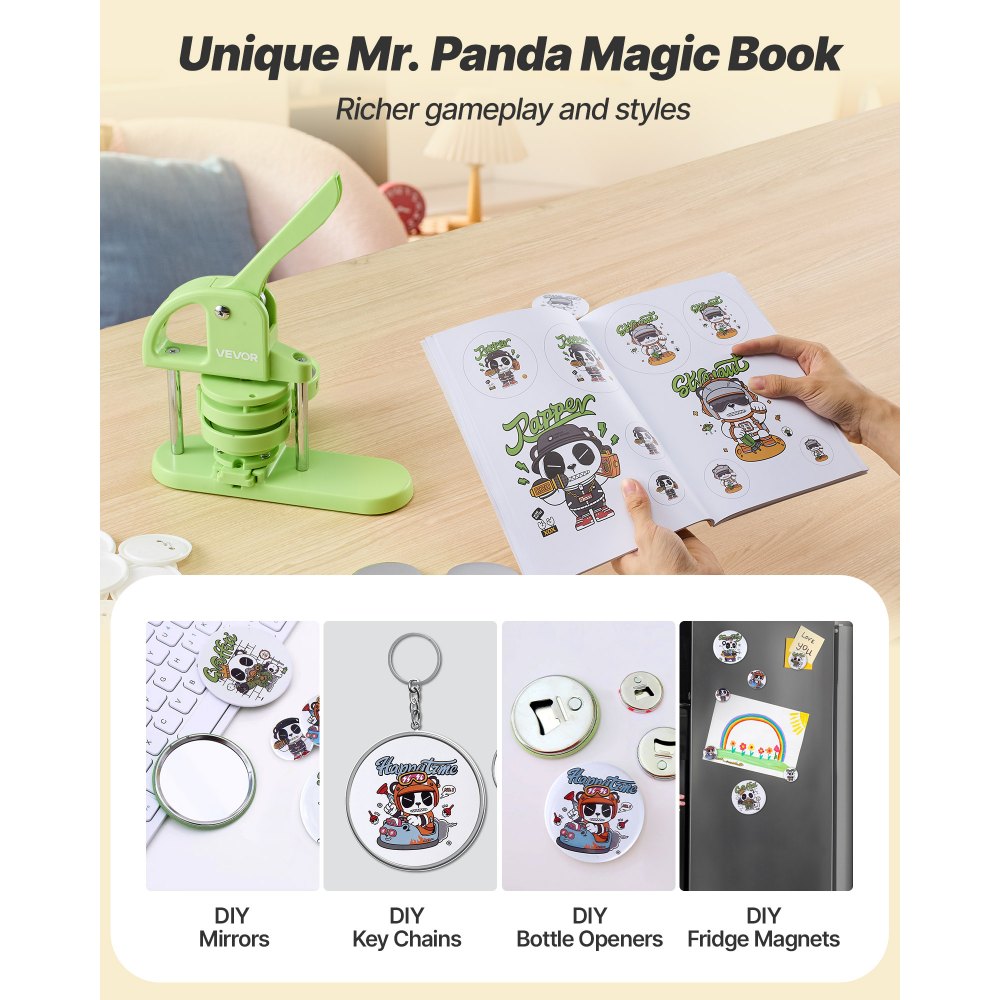 VEVOR Button Maker Machine, 2.95 in, Plastic Pin Maker with 100pcs Button Parts, Circle Cutter and Magic Book, Reinforced Ergonomic Handle, for DIY Badges, Personalized Pins and Key Chains, Green