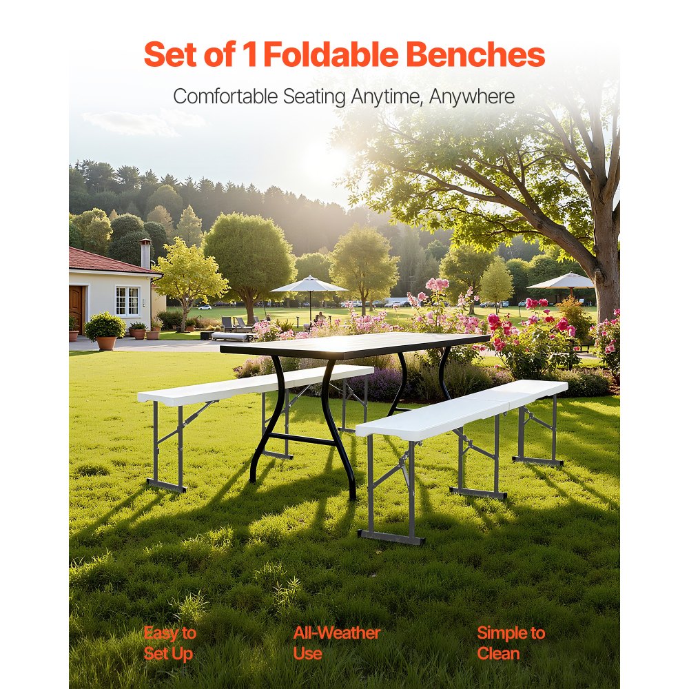 VEVOR Plastic Folding Bench, 6 ft Portable Bench for Indoor/Outdoor Picnic Party Patio Camping Dining, Foldable Smooth HDPE Seat for Garden Soccer Multipurpose Entertaining Activities, 1 Pack, White