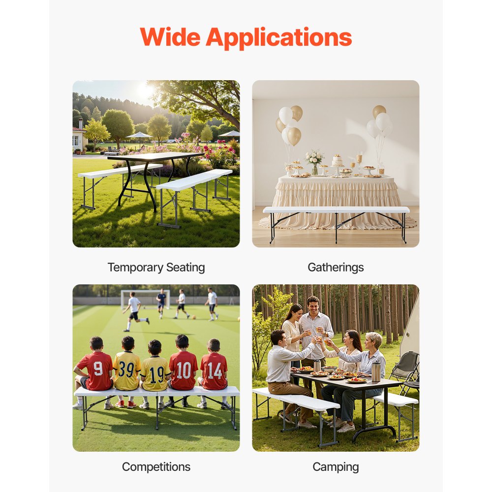 VEVOR Plastic Folding Bench, 6 ft Portable Bench for Indoor/Outdoor Picnic Party Patio Camping Dining, Foldable Smooth HDPE Seat for Garden Soccer Multipurpose Entertaining Activities, 1 Pack, White