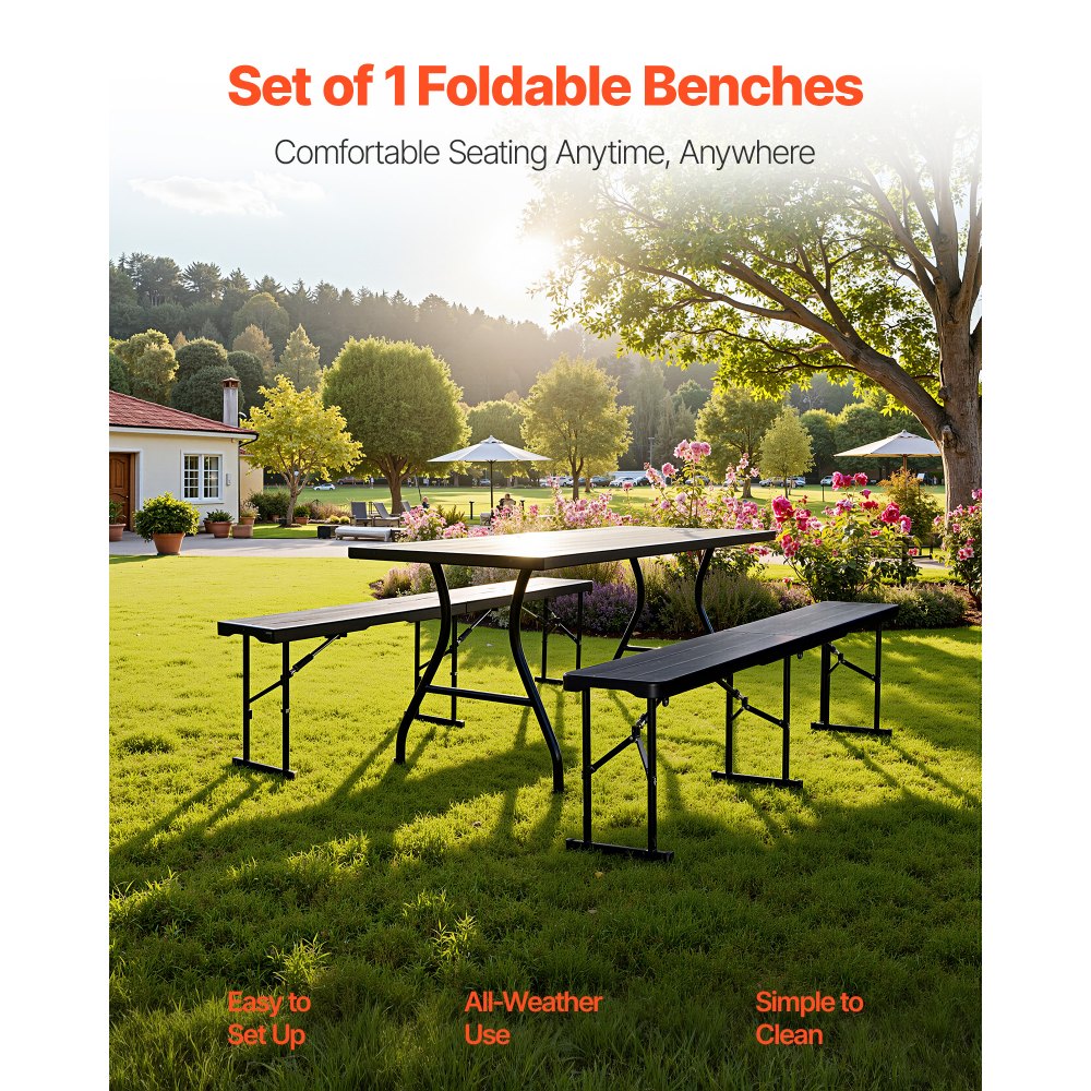 VEVOR Plastic Folding Bench, 6 ft Portable Bench for Indoor/Outdoor Picnic Party Patio Camping Dining, Foldable Smooth HDPE Seat for Garden Soccer Multipurpose Entertaining Activities, 1 Pack, Black