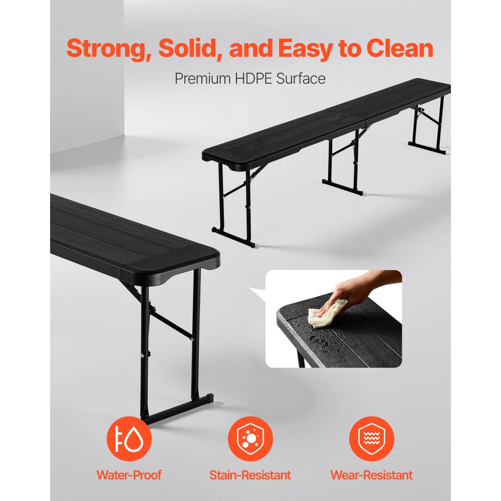 VEVOR Plastic Folding Bench, 6 ft Portable Bench for Indoor/Outdoor Picnic Party Patio Camping Dining, Foldable Smooth HDPE Seat for Garden Soccer Multipurpose Entertaining Activities, 1 Pack, Black