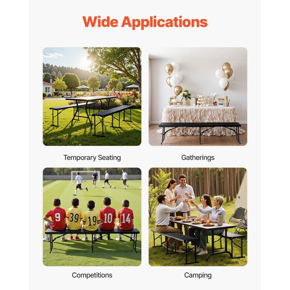 VEVOR Plastic Folding Bench, 6 ft Portable Bench for Indoor/Outdoor Picnic Party Patio Camping Dining, Foldable Smooth HDPE Seat for Garden Soccer Multipurpose Entertaining Activities, 1 Pack, Black