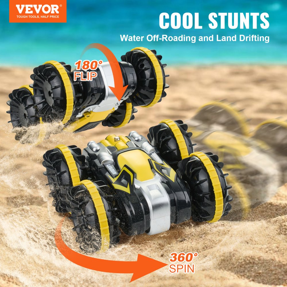 VEVOR Amphibious Remote Control Car Boat, 2.4GHz 12 km/h, 4WD Waterproof RC Car for Kids, 360° Rotating Stunt Car with 2 Batteries, All Terrain Water Beach Pool Toy for 6+ Year Old Boys Girls, Yellow