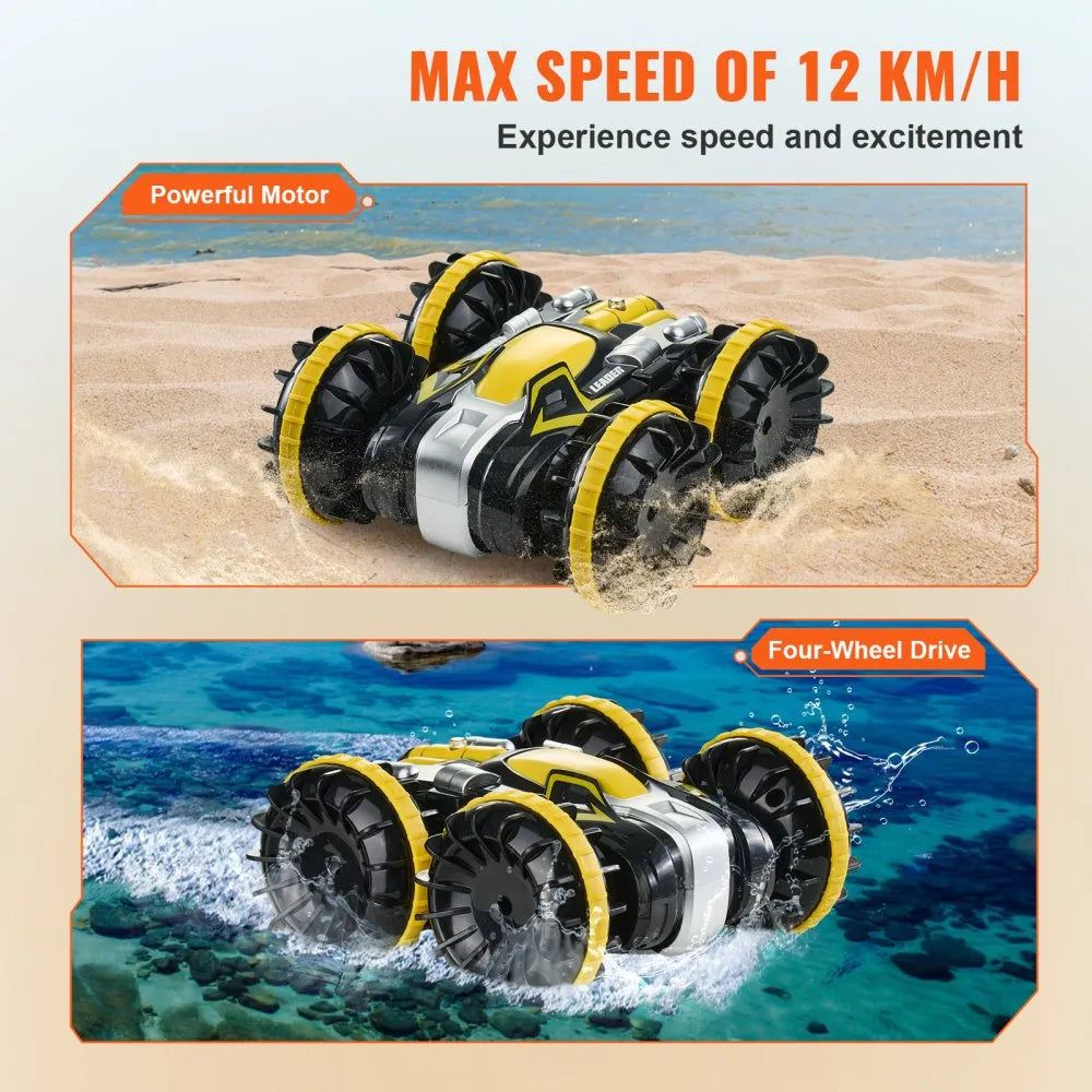VEVOR Amphibious Remote Control Car Boat, 2.4GHz 12 km/h, 4WD Waterproof RC Car for Kids, 360° Rotating Stunt Car with 2 Batteries, All Terrain Water Beach Pool Toy for 6+ Year Old Boys Girls, Yellow