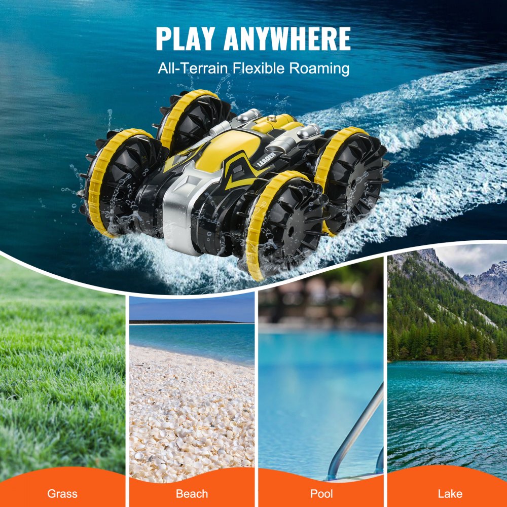 VEVOR Amphibious Remote Control Car Boat, 2.4GHz 12 km/h, 4WD Waterproof RC Car for Kids, 360° Rotating Stunt Car with 2 Batteries, All Terrain Water Beach Pool Toy for 6+ Year Old Boys Girls, Yellow