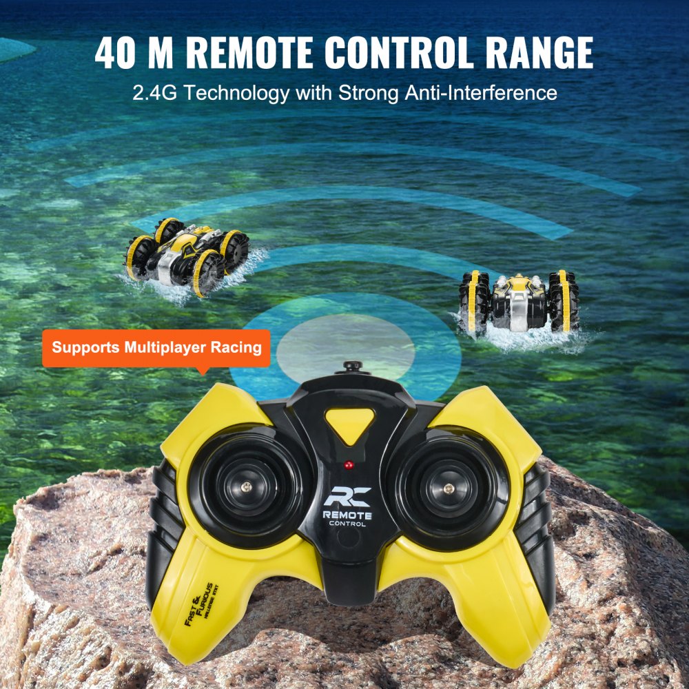 VEVOR Amphibious Remote Control Car Boat, 2.4GHz 12 km/h, 4WD Waterproof RC Car for Kids, 360° Rotating Stunt Car with 2 Batteries, All Terrain Water Beach Pool Toy for 6+ Year Old Boys Girls, Yellow