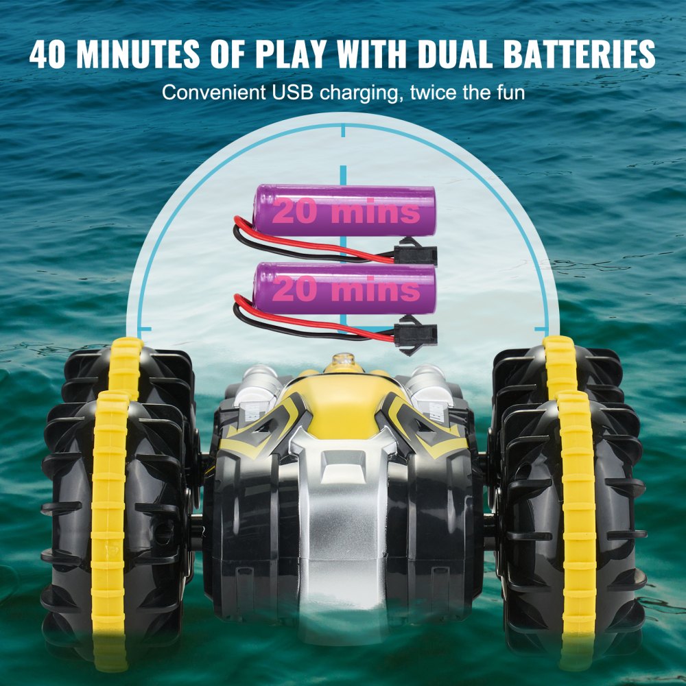 VEVOR Amphibious Remote Control Car Boat, 2.4GHz 12 km/h, 4WD Waterproof RC Car for Kids, 360° Rotating Stunt Car with 2 Batteries, All Terrain Water Beach Pool Toy for 6+ Year Old Boys Girls, Yellow