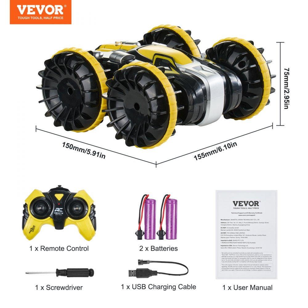 VEVOR Amphibious Remote Control Car Boat, 2.4GHz 12 km/h, 4WD Waterproof RC Car for Kids, 360° Rotating Stunt Car with 2 Batteries, All Terrain Water Beach Pool Toy for 6+ Year Old Boys Girls, Yellow
