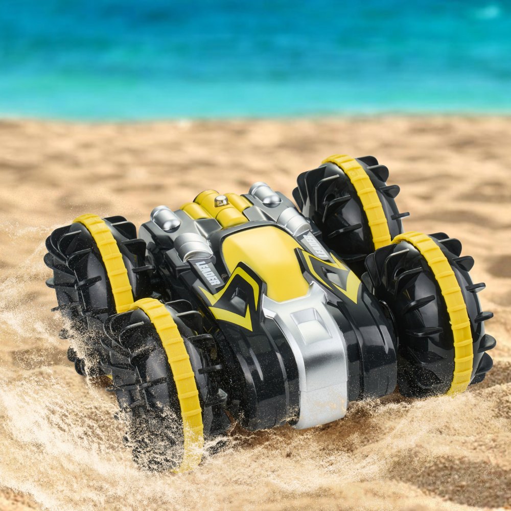 VEVOR Amphibious Remote Control Car Boat, 2.4GHz 12 km/h, 4WD Waterproof RC Car for Kids, 360° Rotating Stunt Car with 2 Batteries, All Terrain Water Beach Pool Toy for 6+ Year Old Boys Girls, Yellow