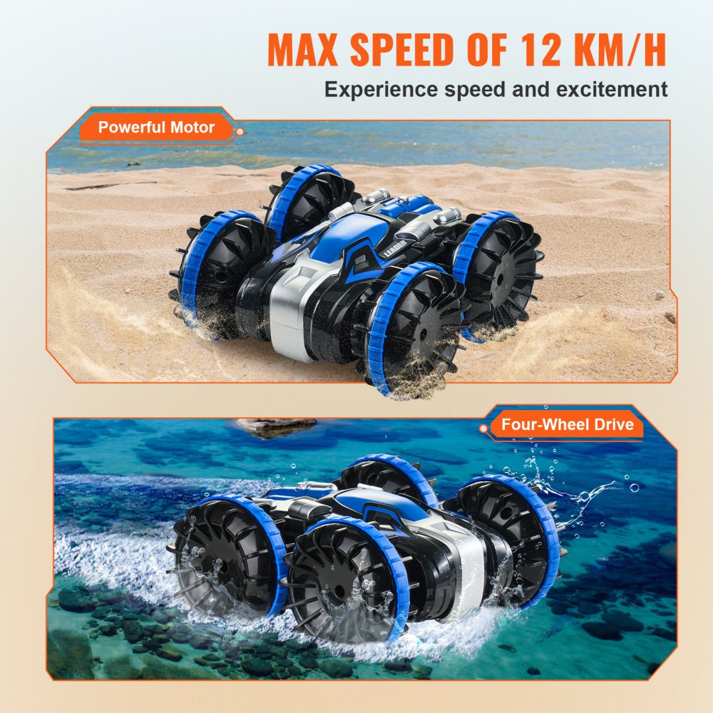 VEVOR Amphibious Remote Control Car Boat, 2.4GHz 12 km/h, 4WD Waterproof RC Car for Kids, 360° Rotating Stunt Car with 2 Batteries, All Terrain Water Beach Pool Toy for 6+ Year Old Boys Girls, Blue