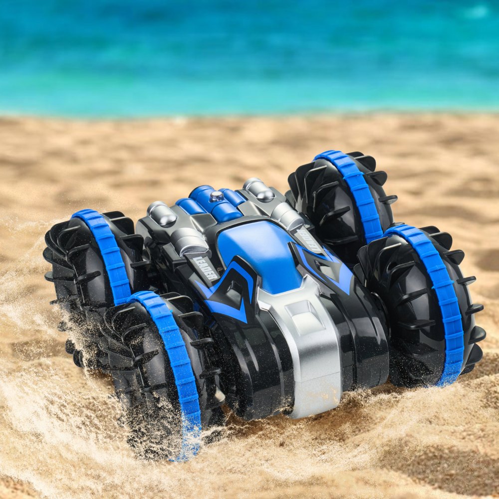 VEVOR Amphibious Remote Control Car Boat, 2.4GHz 12 km/h, 4WD Waterproof RC Car for Kids, 360° Rotating Stunt Car with 2 Batteries, All Terrain Water Beach Pool Toy for 6+ Year Old Boys Girls, Blue