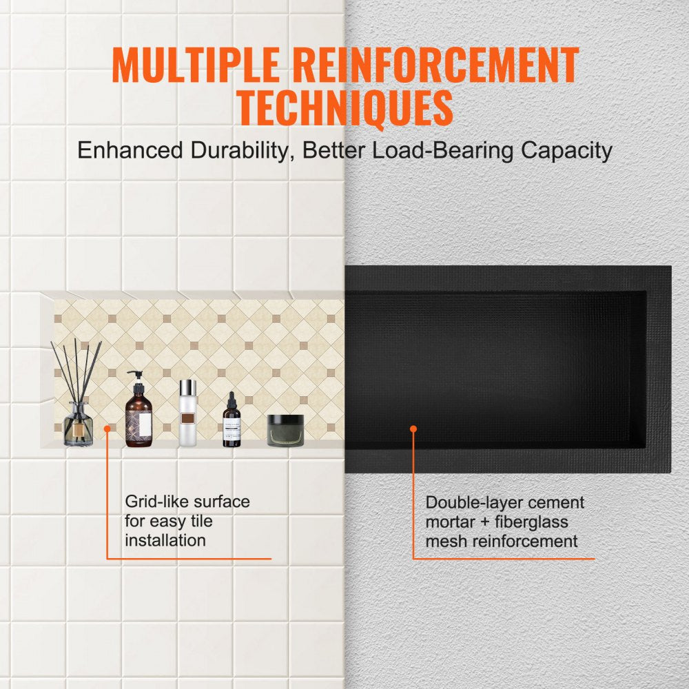 VEVOR Shower Niche Ready for Tile 16" x 50", Single Shelf Organizer, Square Corners Wall-inserted Niche Recessed, Sealed Protection Modern Soap Storage Niche for Shower Bathroom, Black