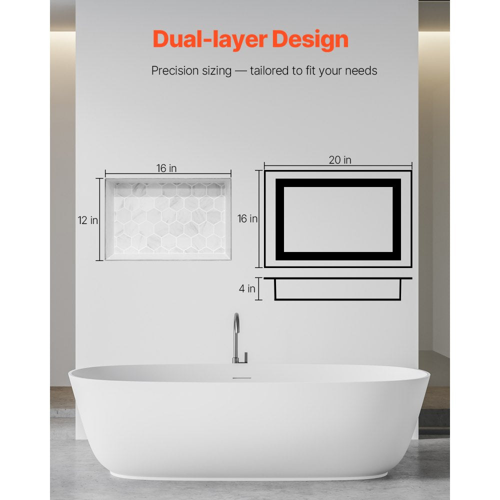 VEVOR Shower Niche, 16 x 20 x 4 inch Recessed Wall Niche with Movable Divider Shelf, Modern Soap & Shampoo Storage Organizer, Square Corners, Sealed Waterproof Design, Black for Bathroom Shower