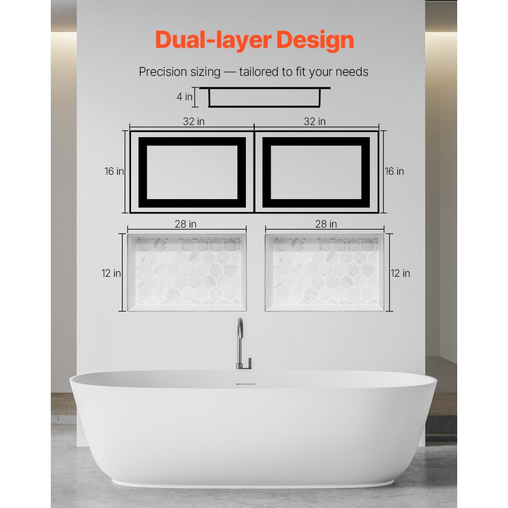 VEVOR Shower Niche, 16 x 32 inch + 16 x 32 inch Recessed Wall Niche with Movable Shelf, 4 inch Thick Modern Soap&Shampoo Storage Organizer,Square Corners,Sealed Waterproof,Black for Bathroom Shower
