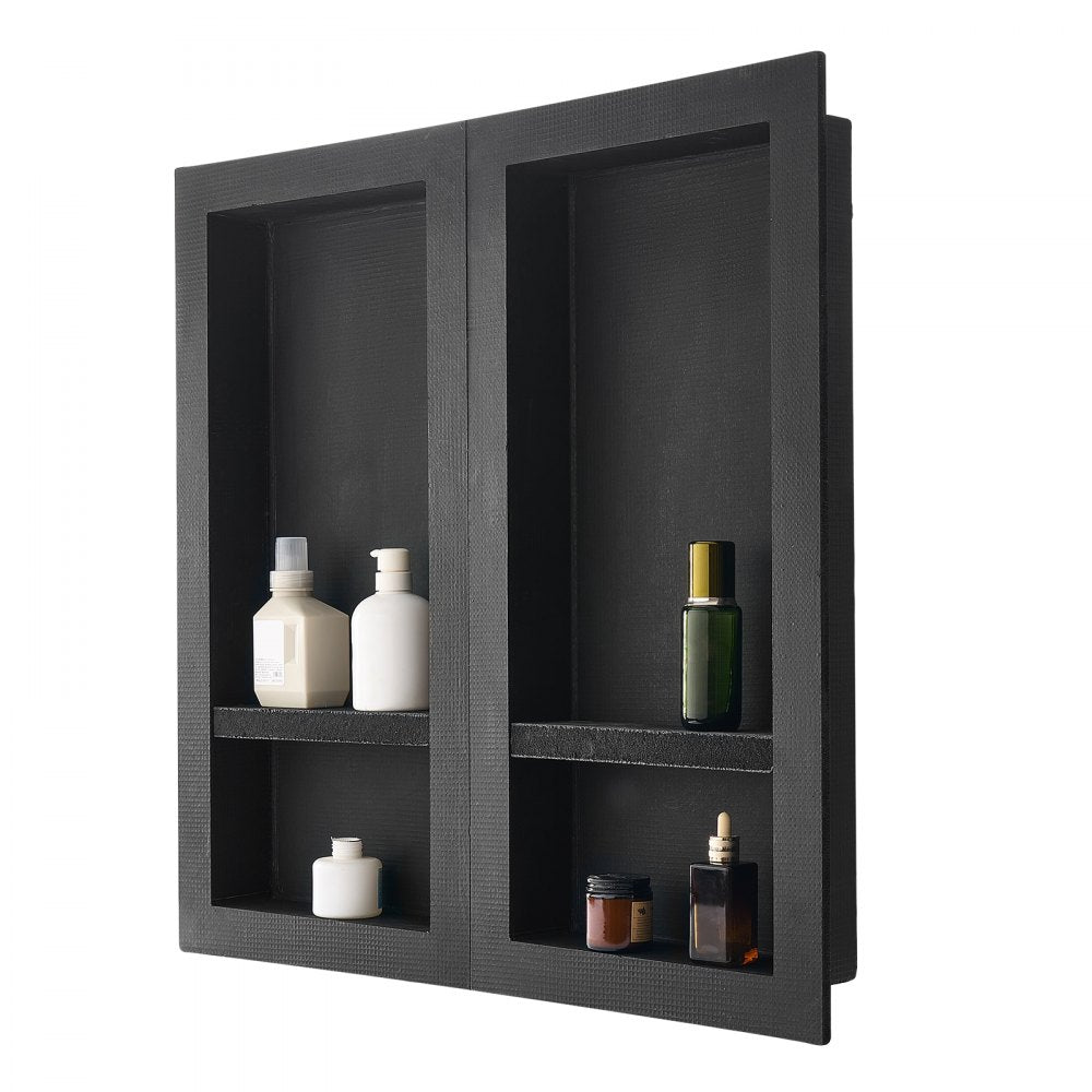 VEVOR Shower Niche, 16 x 32 inch + 16 x 32 inch Recessed Wall Niche with Movable Shelf, 4 inch Thick Modern Soap&Shampoo Storage Organizer,Square Corners,Sealed Waterproof,Black for Bathroom Shower